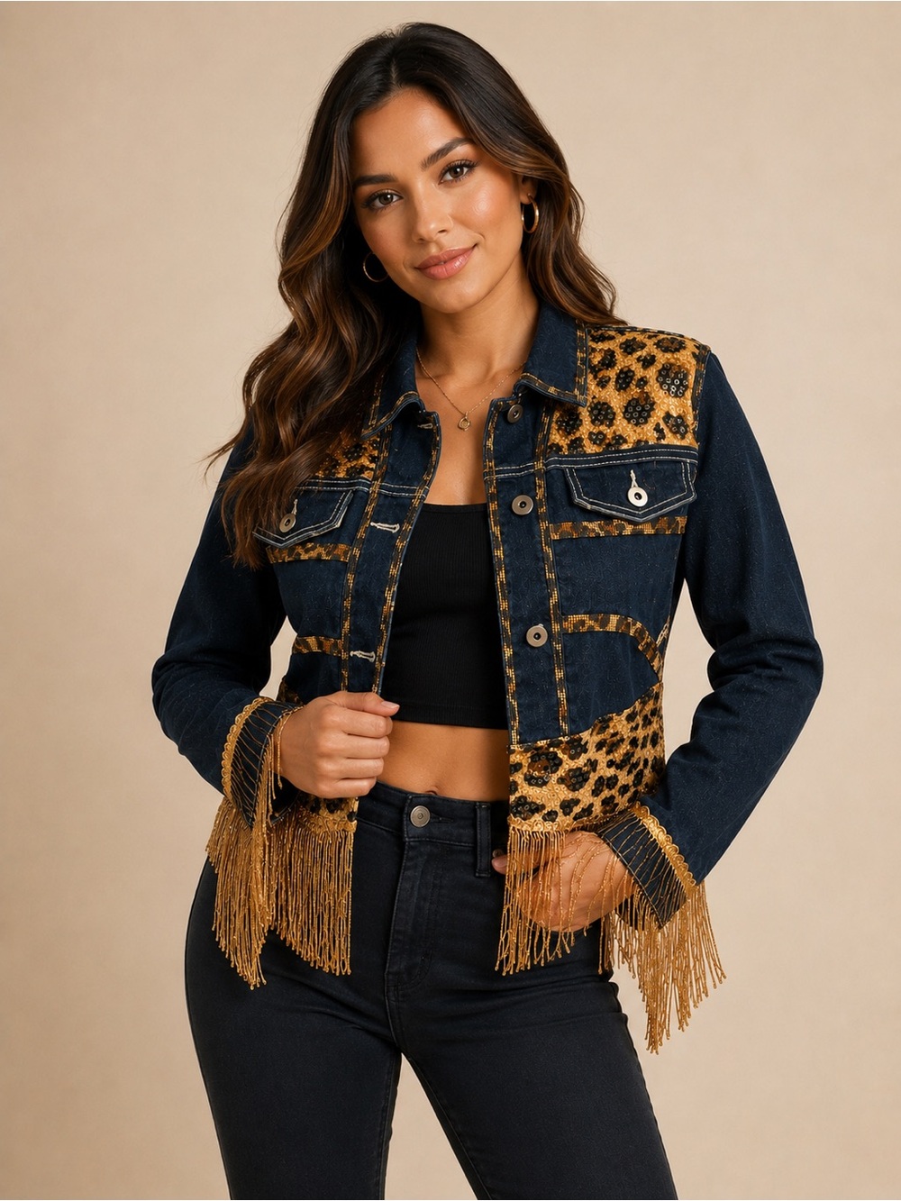 Upcycled Leopard Sequin Fringe Denim Jacket New